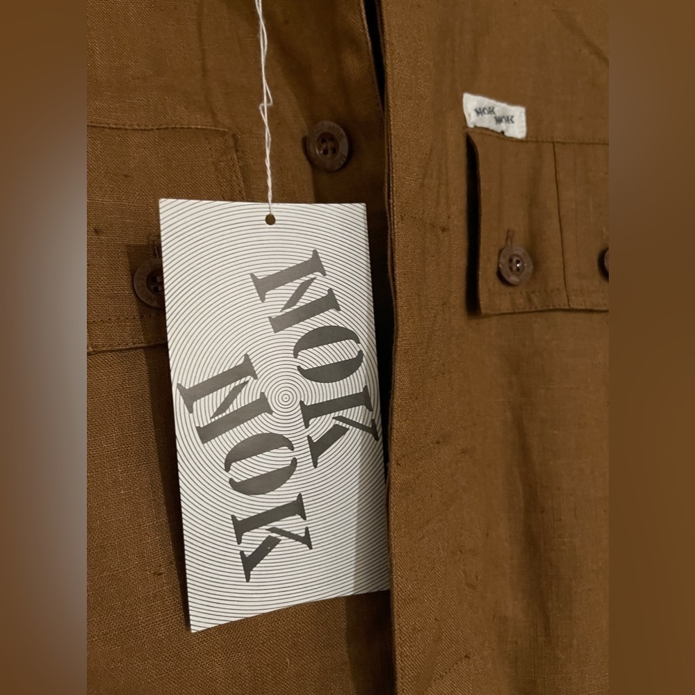 Vintage 80s Linen Safari Shirt Dress Tan Belted Utility Style | Size M | NWT - Picture 11 of 12